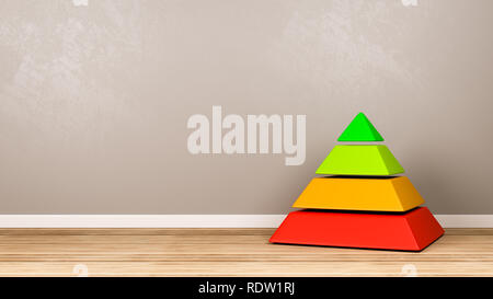 Quatre niveaux de structure pyramide rouge au vert, couleur sur plancher en bois contre le mur gris avec copie espace 3D Illustration Banque D'Images