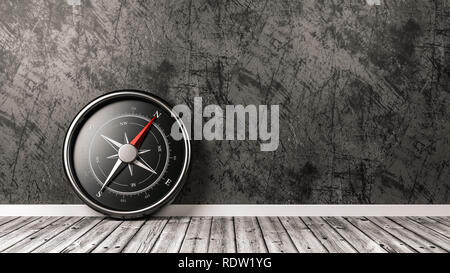 Compas magnétique rouge métallique avec aiguille pointée vers le nord sur un plancher en bois contre une paroi avec Copyspace, 3D Illustration Banque D'Images
