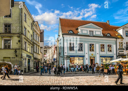 Les touristes envahissent les terrasses de cafés et boutiques de la place de la ville médiévale de Tallinn dans la ville fortifiée de Tallinn en Estonie. Banque D'Images