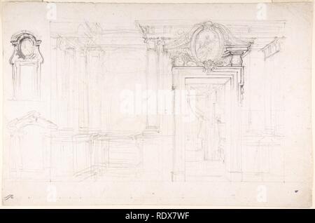 Croquis d'architecture pour la conception d'un mur avec porte, avec deux petites esquisses pour la conception des fenêtres ou portes (recto) ; d'esquisses d'un plan et vue en perspective partielle du plafond (verso) Banque D'Images