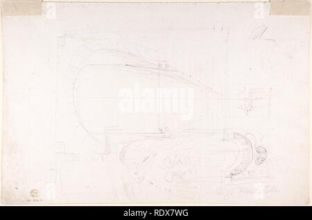 Croquis d'architecture pour la conception d'un mur avec porte, avec deux petites esquisses pour la conception des fenêtres ou portes (recto) ; d'esquisses d'un plan et vue en perspective partielle du plafond (verso) Banque D'Images