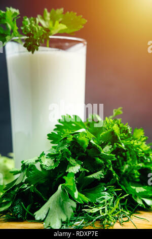 Plaine des yaourts frais avec les herbes de concombre sur fond sombre, froid boisson probiotique laitiers fermentés. Banque D'Images