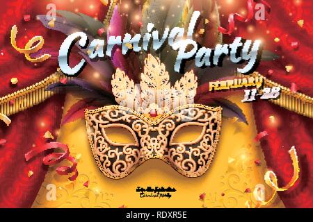 Carnival party design avec des masques et des plumes en 3d illustration, confetti et serpentins background Illustration de Vecteur