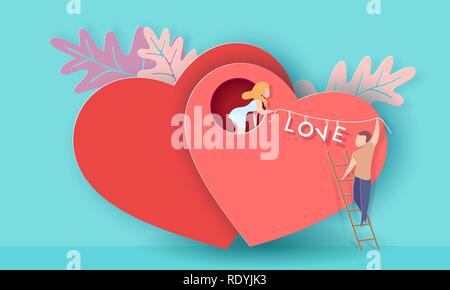 Carte Saint Valentin avec couple holding mot amour sur cœur rouge. Vector illustration d'art sur papier. Coupe papier et de l'artisanat traditionnel. Illustration de Vecteur