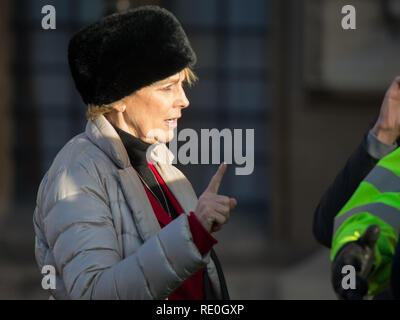 Le député conservateur Anna Soubry ayant besoin d'une escorte de police comme il est harangué par les manifestants de droite portant des tabards HiViz devant les maisons du Parlement, Westminster. Avec : Anna Soubry MP Où : London, Royaume-Uni Quand : 19 Déc 2018 Crédit : Wheatley/WENN Banque D'Images