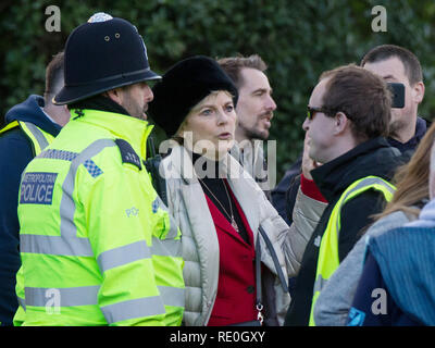 Le député conservateur Anna Soubry ayant besoin d'une escorte de police comme il est harangué par les manifestants de droite portant des tabards HiViz devant les maisons du Parlement, Westminster. Avec : Anna Soubry MP Où : London, Royaume-Uni Quand : 19 Déc 2018 Crédit : Wheatley/WENN Banque D'Images