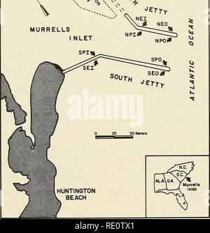 . Effets écologiques des décombres à la construction de la jetée de weir Murrells Inlet, en Caroline du Sud. Ouvrages hydrauliques ; jetées ; écologie côtière. GARDEN CITY BEACH MURRELLS. La figure 1. Carte montrant Murrells Inlet jetées et endroits de la station.. Veuillez noter que ces images sont extraites de la page numérisée des images qui peuvent avoir été retouchées numériquement pour plus de lisibilité - coloration et l'aspect de ces illustrations ne peut pas parfaitement ressembler à l'œuvre originale.. Van Dolah, Robert F ; Knott, David M ; Calder, Dale R ; U.S. Army Engineer Waterways Experiment Station ; Programme de recherche de l'impact sur l'environnement (U. Banque D'Images