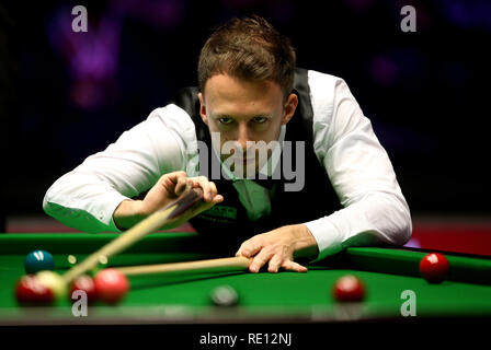 Judd Trump pendant sept jours du 2019 Dafabet Masters à Alexandra Palace, Londres. Banque D'Images