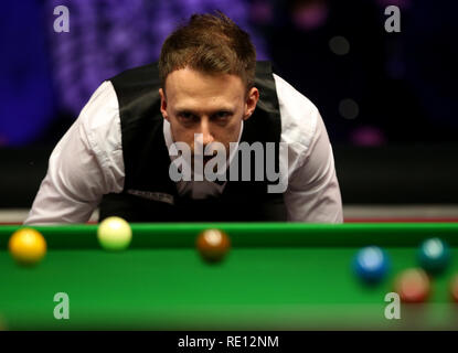 Judd Trump pendant sept jours du 2019 Dafabet Masters à Alexandra Palace, Londres. Banque D'Images