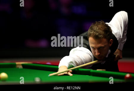 Judd Trump pendant sept jours du 2019 Dafabet Masters à Alexandra Palace, Londres. Banque D'Images