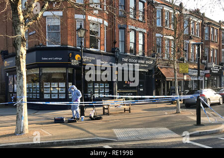 Les enquêteurs judiciaires à la scène où un homme a été poignardé au Royal Parade, a proximité de la célèbre Kew Gardens, à l'ouest de Londres. Banque D'Images