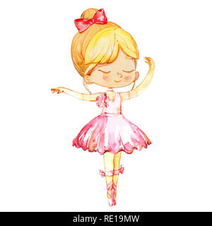 Ballerine danse blonde Wearind bébé fille robe rose. Petit Enfant élégante Collection de ballet de formation pose d'affiches pour l'impression. Dessin aquarelle Illustration. Isolé Banque D'Images