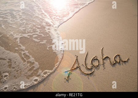 Aloha vacances tropicales message écrit à la main sur une plage de sable avec de l'onde entrante Banque D'Images