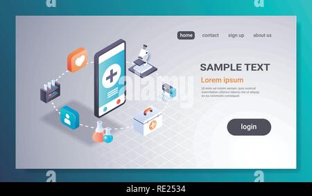 Application mobile de soins médicaux en ligne de l'écran du smartphone concept de laboratoire des tests de médecine de l'interface de l'application de la technologie numérique 3D isométrique flat horizontal copy space Illustration de Vecteur