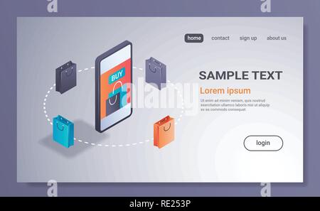 Les ventes d'e-commerce en ligne d'applications mobiles shopping concept store internet marketing numérique de l'écran du smartphone 3D isométrique sacs papier horizontal icône copy space Illustration de Vecteur