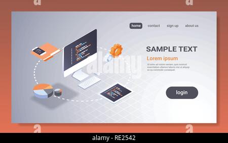 Software web site design concept de développement programme de langage de programmation grand code d'un traitement de données sur écran d'ordinateur 3D isométrique coding technologies copie espace horizontal Illustration de Vecteur