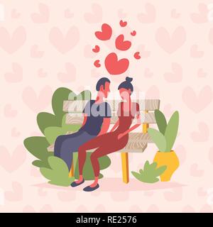 Couple assis banc en bois happy valentines day jour férié célébrant concept homme femme amants discutant sur fond de formes coeur télévision Illustration de Vecteur