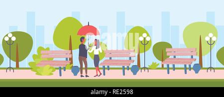 Couple amoureux sous égide vue arrière homme femme marche dans la ville romantique de pluie parc urbain paysage urbain historique personnages pleine longueur hommes femmes plate horizontale Illustration de Vecteur