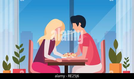 Couple eating spaghetti ensemble happy valentines day holiday dîner concept homme femme vous restaurant restaurant moderne horizontal intérieur télévision Illustration de Vecteur