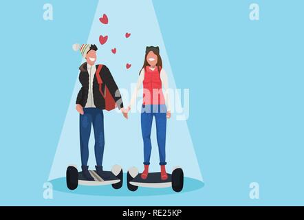 Couple riding scooter électrique hover board happy valentines day concept homme femme dans l'amour la conduite de transport personnel moderne femme homme personnages de télévision horizontale Illustration de Vecteur