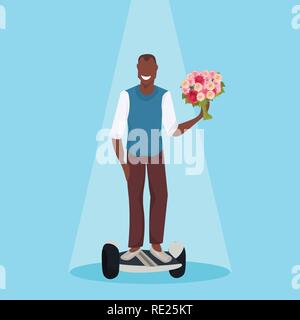 Happy man riding scooter électrique holding Flowers bouquet célébration de transport personnel moderne concept agrican mâle américain personnage de télévision Illustration de Vecteur