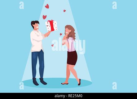 Man giving woman gift box wrapped surprise happy valentines day holiday celebration concept couple in love sur des formes cœur femme homme toute la longueur horizontale de caractères Illustration de Vecteur