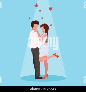 Couple dansant ensemble happy valentines day célèbre concept homme femme s'amuser les jeunes amoureux coeur sur toute la longueur horizontale plate formes Illustration de Vecteur