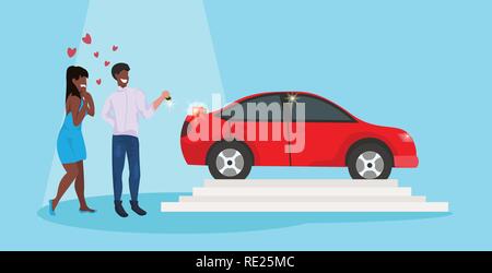 Man giving woman clés de voiture nouveau concept de vacances happy valentines day african american couple dans l'amour au-dessus de red heart shapes femme homme full length caractères flat horizontal Illustration de Vecteur