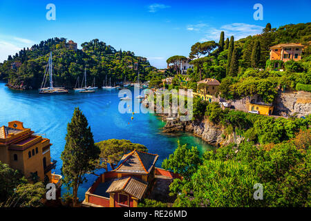 Célèbre bay avec des bâtiments méditerranéens et spectaculaire vacation resort, Portofino, Ligurie, Italie, Europe Banque D'Images