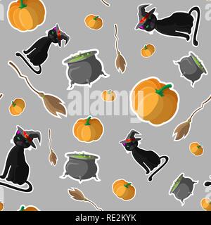 Seamless pattern design Halloween avec cat en chapeau de sorcière, citrouille, pot avec une potion et eps 10 balai Illustration de Vecteur