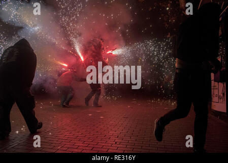 Barcelone, Catalogne, Espagne. 19 Jan, 2019. Un carton cochon sauvage crache le feu pendant les festivités locales du quartier El Clot à Barcelone. Le feu et la pyrotechnie sont présents dans de nombreux festivals catalans. Crédit : Jordi Boixareu/ZUMA/Alamy Fil Live News Banque D'Images