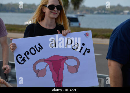 Melbourne, en Floride. USA. 19 janvier, 2019. Brandissant la bannière des centaines de manifestants ont défilé à travers l'eau Gallie Causeway de la femme, mars 2019 la mission 2019 qui est "la vérité au pouvoir. La tenue de nos politiciens responsables" Marches ont eu lieu si l'Amérique de la fin de semaine. La Marche des femmes est un mouvement national d'unifier et de donner à tout le monde qui se tient pour les droits de l'homme, les libertés civiles, et de la justice sociale pour tous. Crédit photo Julian Poireau / Alamy Live News Banque D'Images