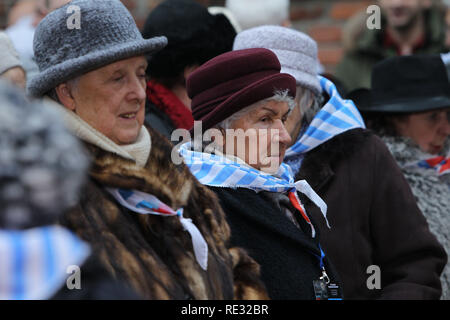 Oswiecim, Pologne. 27 Jan, 2018. Dans le camp de concentration d'Auschwitz, les survivants d'une gerbe d'honneur sur le mur de la mort. Le 27 janvier 1945, le camp de concentration Auschwitz-Birkenau fut libéré par l'Armée rouge soviétique. Chaque année à la date anniversaire de la libération survivants viennent à commémorer les morts et de ne pas laisser les atrocités tombe dans l'oubli. Crédit : Daniel Schäfer/dpa-Zentralbild/dpa/Alamy Live News Banque D'Images