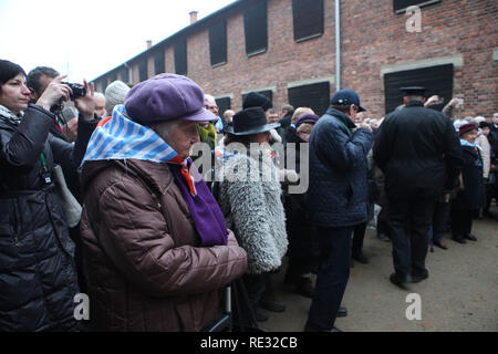 Oswiecim, Pologne. 27 Jan, 2018. Survivants fixer en une couronne d'honneur de la mort de mur dans le camp d'Auschwitz. Le 27 janvier 1945, le camp de concentration Auschwitz-Birkenau fut libéré par l'Armée rouge soviétique. Chaque année à la date anniversaire de la libération survivants viennent à commémorer les morts et de ne pas laisser les atrocités tombe dans l'oubli. Crédit : Daniel Schäfer/dpa-Zentralbild/dpa/Alamy Live News Banque D'Images