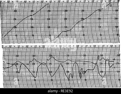 . Texte pratique-livre de physiologie végétale. Physiologie végétale. La PÉRIODICITÉ DE LA CROISSANCE 295 uniforme à tous les stades de développement, ou à toutes les parties de la journée. L'analyse des courbes montre que le taux est faible au début, en- sement rapidement à un maximum, puis diminue à un minimum ou l'intégralité de l'arrêt sur la pleine stature de l'orgue a pu être atteint, l'intégralité de l'action constituant la grande période de croissance de la. Fig. 142. L'enregistrement, et les courbes de croissance des feuilles de Hyacinthus Belgicus, montrant les variations quotidiennes. La figure du haut montre les tracés réels du Stylo de précision auxanometer (Fig. Banque D'Images