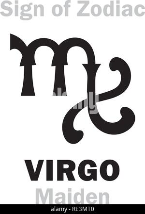 Alphabet : Astrologie signe zodiacal vierge (la jeune fille). Caractères hiéroglyphes signe (symbole) médiévale portugaise. Illustration de Vecteur