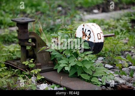 Commutateur de fer, à la main, sur une ancienne voie de chemin de fer, Essen, Rhénanie du Nord-Westphalie Banque D'Images