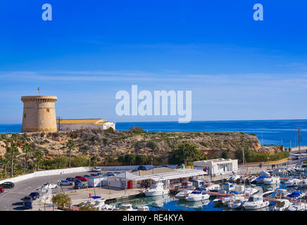 Campello Isleta ou illeta Tower et bateaux de plaisance d'Alicante en Espagne Banque D'Images