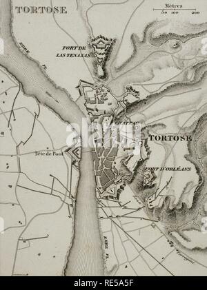 Carte de Napoléon. Ville de Tortosa (Catalogne, Espagne). Les troupes françaises l'assiégèrent la ville en décembre 1810. Guerre Péninsulaire, partie des guerres napoléoniennes. Atlas de l'Histoire du Consulat et de l'Empire. Histoire du Consulat et l'Empire de la France sous Napoléon par Marie Joseph Louis Adolphe Thiers (1797-1877). Dessins par Dufour, gravures par Dyonnet. Édité à Paris, 1864. Banque D'Images