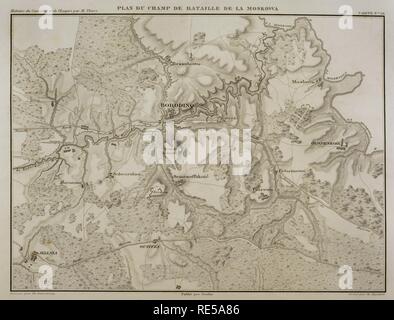 Carte de Napoléon. Bataille de la Moskowa, le 7 septembre 1812, lors de l'invasion française de la Russie. De Bataille. Guerres napoléoniennes. L'affrontement entre les armées française et russe. Victoire tactique française. Atlas de l'Histoire du Consulat et de l'Empire. Histoire du Consulat et l'Empire de la France sous Napoléon par Marie Joseph Louis Adolphe Thiers (1797-1877). Dessins par Dufour, gravures par Dyonnet. Édité à Paris, 1864. Banque D'Images
