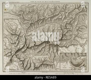 Carte de napoléoniennes Valais (Suisse) et vallée d'Aoste (Italie du Nord). Atlas de l'Histoire du Consulat et de l'Empire. Histoire du Consulat et l'Empire de la France sous Napoléon par Marie Joseph Louis Adolphe Thiers (1797-1877). Dessins par Dufour, gravures par Dyonnet. Édité à Paris, 1864. Banque D'Images