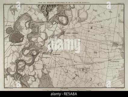Carte des environs d'Alessandria della Paglia et la plaine de Marengo (Piémont italien). Dans ce domaine a eu lieu la bataille de Marengo en 1800, pendant la guerre de la deuxième Coalition, entre les Français et les troupes autrichiennes. Atlas de l'Histoire du Consulat et de l'Empire. Histoire du Consulat et l'Empire de la France sous Napoléon par Marie Joseph Louis Adolphe Thiers (1797-1877). Dessins par Dufour, gravures par Dyonnet. Édité à Paris, 1864. Banque D'Images