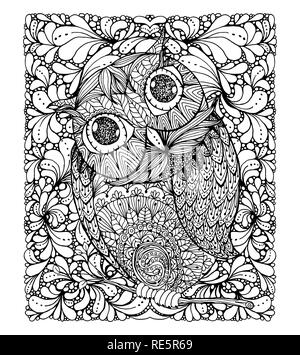 Style Zentangle owl. Illustration avec l'arrière-plan et ornanets pour remplir la page de coloriage adultes conception, dessin encre antistress Illustration de Vecteur