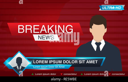 TV news studio avec diffuseur et briser monde background vector illustration. Dernières nouvelles à la télévision, journaliste de la radiodiffusion Banque D'Images
