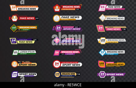TV News Bars Set vector, Streaming vidéo Sign, Breaking News, Sport. Signe de l'interface. Vector illustration isolé Banque D'Images