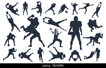 Joueurs de Football Américain jeu de silhouettes, vector pack, différents posent ensemble, super Bowl, joueur américain de football collections illustration vectorielle Banque D'Images