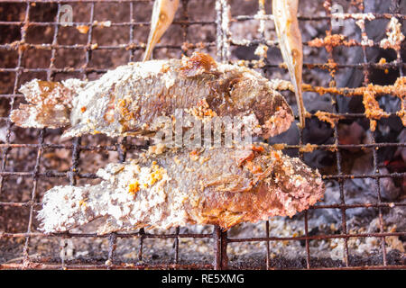 Grillé en croûte de sel poisson tilapia du Nil sur poêle du charbon sur la grille Banque D'Images
