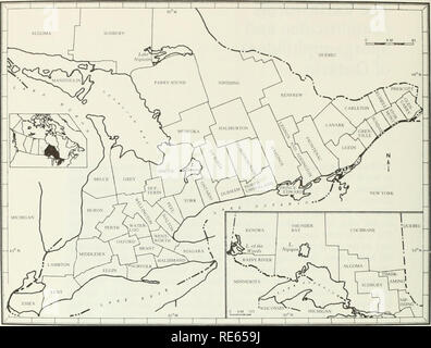 . Les vers de terre (lumbricidae et sparganophilidae) de l'Ontario. Lumbricidae ; les vers. Fig. 1 Les comtés et districts de l'Ontario. Trente-huit des comtés et districts n'ont jamais eu de terre fait état précédemment. À l'heure actuelle, il n'y a pas suffisamment de données disponibles megadrile d'utiliser pleinement certaines des informations de l'habitat. Par exemple, il serait judicieux d'essayer de corréler en détails megadrile avec distribution la distribution des types de sols jusqu'à d'autres enquêtes dans d'autres parties du continent sont terminées (cf. Jordan et al., 1976). Un examen préliminaire des megadrile-ve Banque D'Images