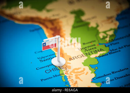 Le Chili a marqué avec un drapeau sur la carte Banque D'Images