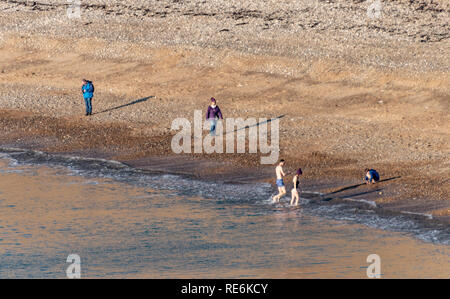 Wareham, UK. Dimanche 20 janvier 2019. Deux âmes courageuses aller nager au large de Worbarrow Beach sur la côte jurassique à 4 degré froid mais ensoleillé. D'autres personnes sont enveloppés dans des manteaux. Crédit : Thomas Faull/Alamy Live News Banque D'Images